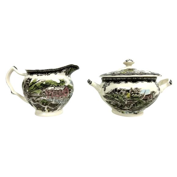Johnson Bros Friendly Village England Vintage Creamer & Sugar Bowl w/Lid - Picture 4 of 11